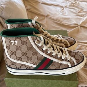 Gucci Beige and Green High-Top Sneakers